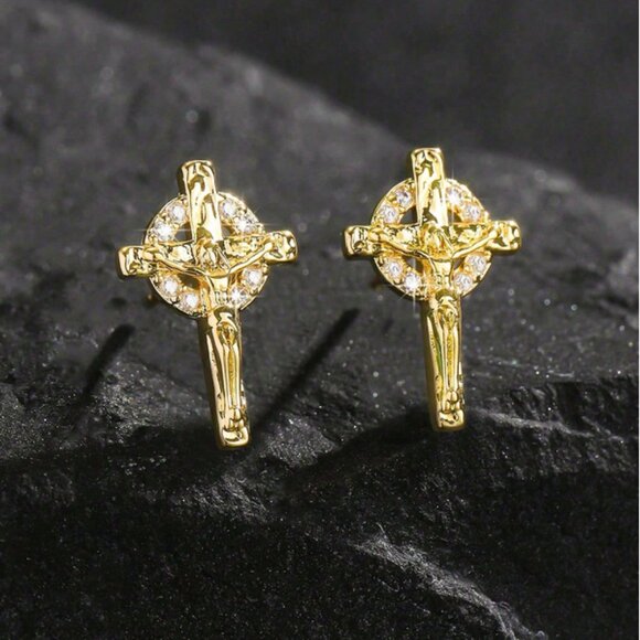 14K Gold Mens 2ct Diamond Cross Stud Earrings Guys 14 K Silver Christian Jewelry - Picture 1 of 4